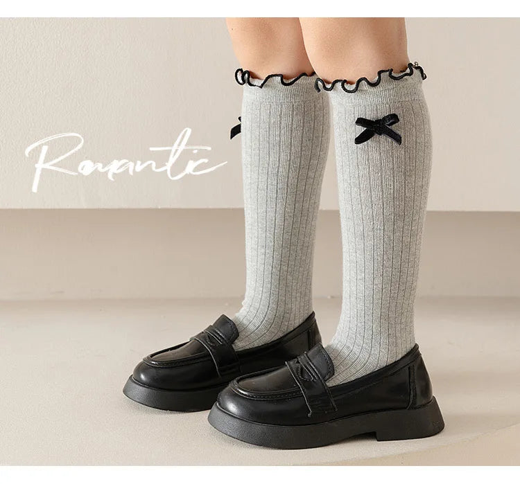 1 Pair Chic Simplicity Kids Girl Sock Sweet Fashion Bow Ruffle Bow Children Girl Calf Sock Spring Autumn Cotton School Sock