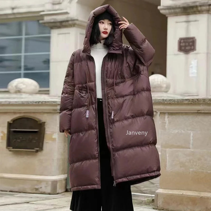 Janveny Women 90% White Duck Down Jacket With Hooded Loose Oversize Long Puffer Coat Autumn Winter Warm Outwear Female Parkas