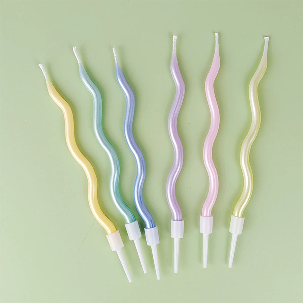 Six Birthday Candles In Various Colors, Including Curved, Rotating, Spiral Cakes, For Baking