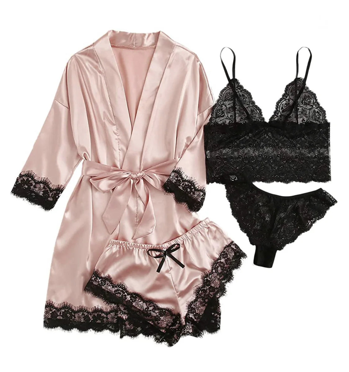 new Women's Sleep Lounge New Pajama Sets European American 4-piece set with lace satin suspender summer set for sleeping pajamas