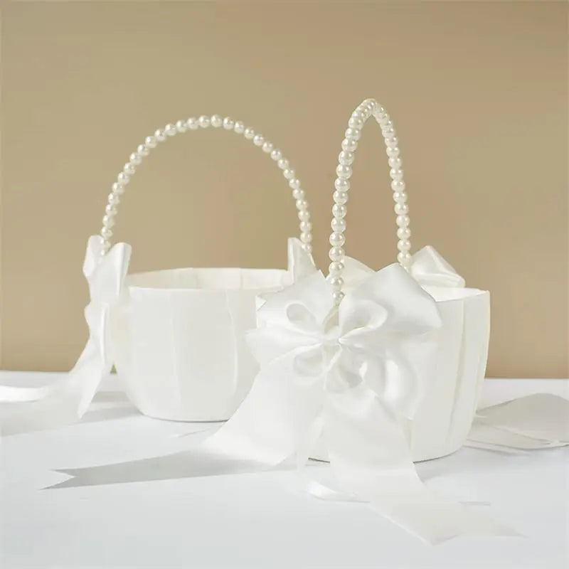 1-2pcs Pearl Handle Flower Basket Satin White Western Rustic Bowknot Wedding Basket Foldable Flower Basket For Floral Petals