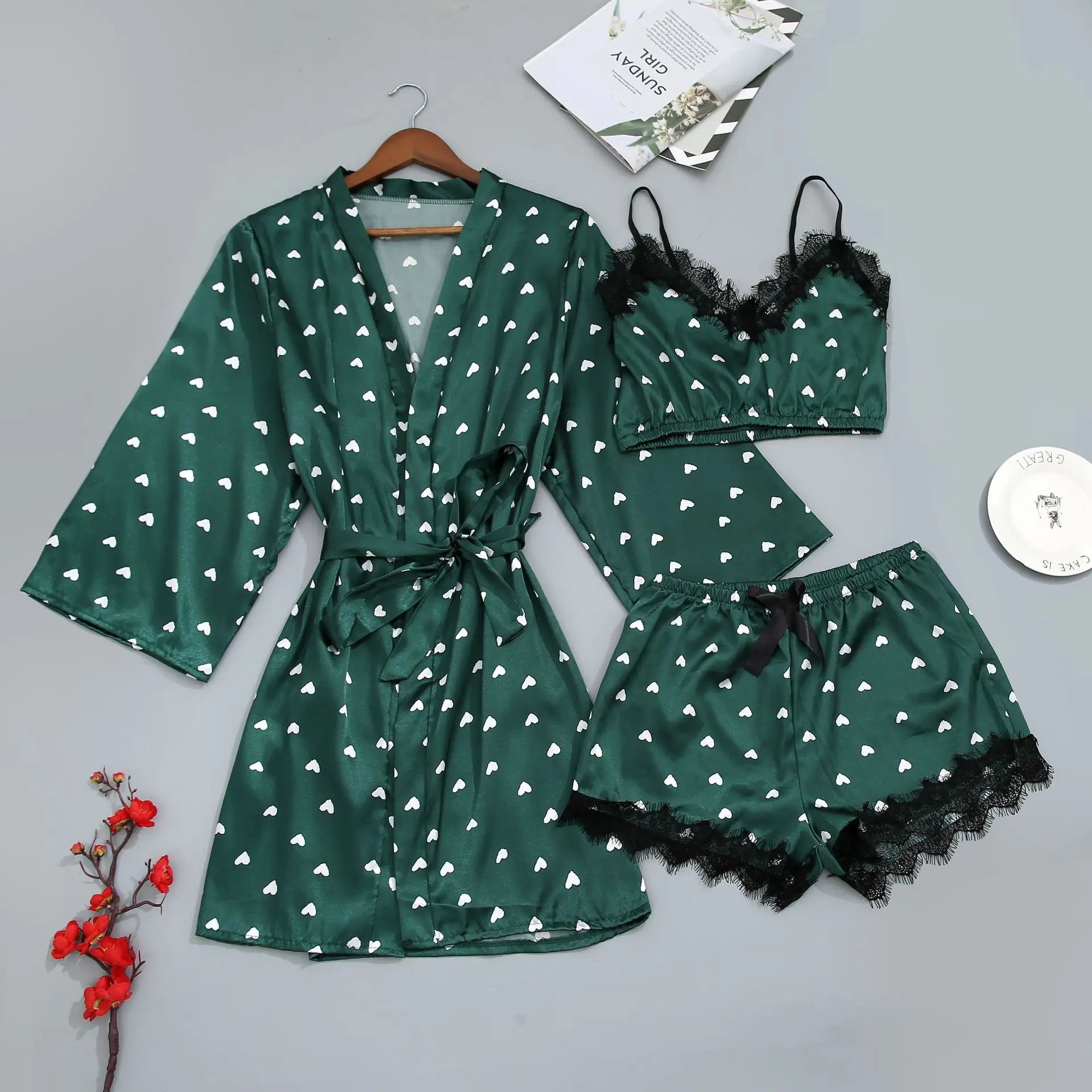 new Women's Sleep Lounge New Pajama Sets European American 4-piece set with lace satin suspender summer set for sleeping pajamas