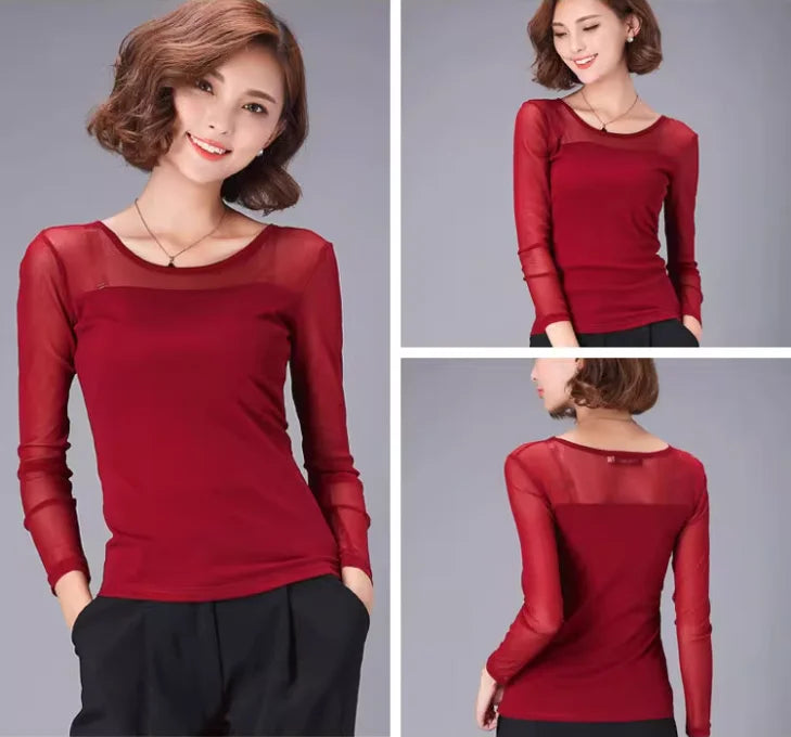 Autumn Winter Black White Bottoming Shirt Round Neck Solid Mesh T Shirt Korean Fashion Women Tops