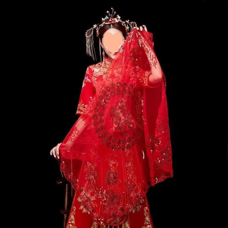 Bridal Headpiece Flower Main Dress Chinese Style Wedding Xiuhe Red Head Cover Semi-transparent Veil  Hijab Accessories  Retro