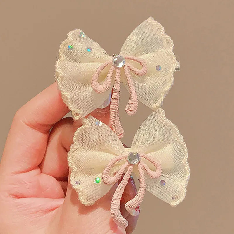 2PCS/Set Kids Headdress Sided Clips Lace Embroidery Flower Bow Hair Clips for Baby Girl Sweet Bowknot Princess Barrettes Hairpin