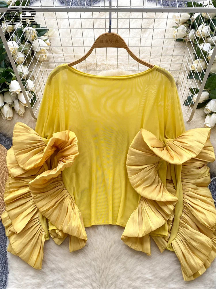 SINGREINY Autumn Ruffles Party Blouses Female O Neck Long Sleeves Temperament Mesh Shirts Women Senior Sheer Loose Thin Tops