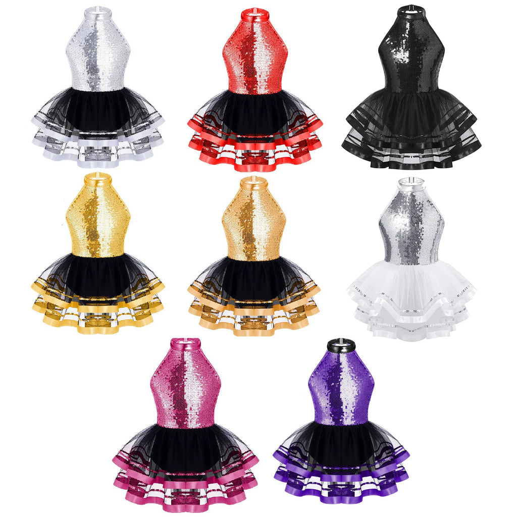 Jazz Dance Costume Kids Halter Shiny Sequins Gymnastics Unitards Dress Girls Ballet Leotard Tutu Stage Performance Clothing