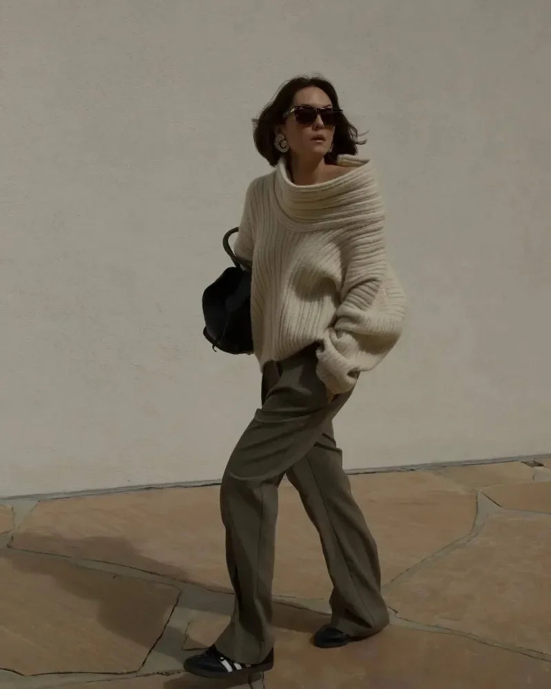 Tuularose Women's Off-Shoulder Sweater Fashion Loose Casual Brown Retro Pullover Spring High Street Office Lady Tops Knitwear