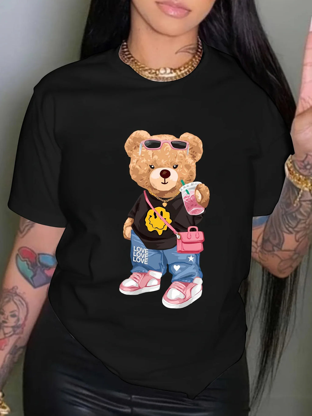kawaii Little Bear Print T-shirt Short Sleeve Crew Neck Casual Top for Summer Spring Women's Clothing Shirt