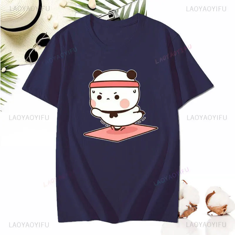 Cute Weight Lifting Fitness Graphic T-shirt Dudu and Bubu Do Yoga Printing Tees Humor Style Lovers' Clothes Valentine's Day Gift