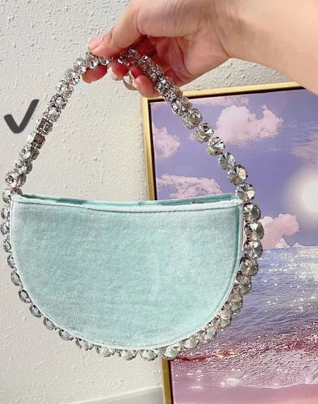Lady Blue/Pink Diamond Circular Evening Bag Women Fushia Round Handle Rhinestone Dinner Clutch Purse Ladies Half Moon Handbags