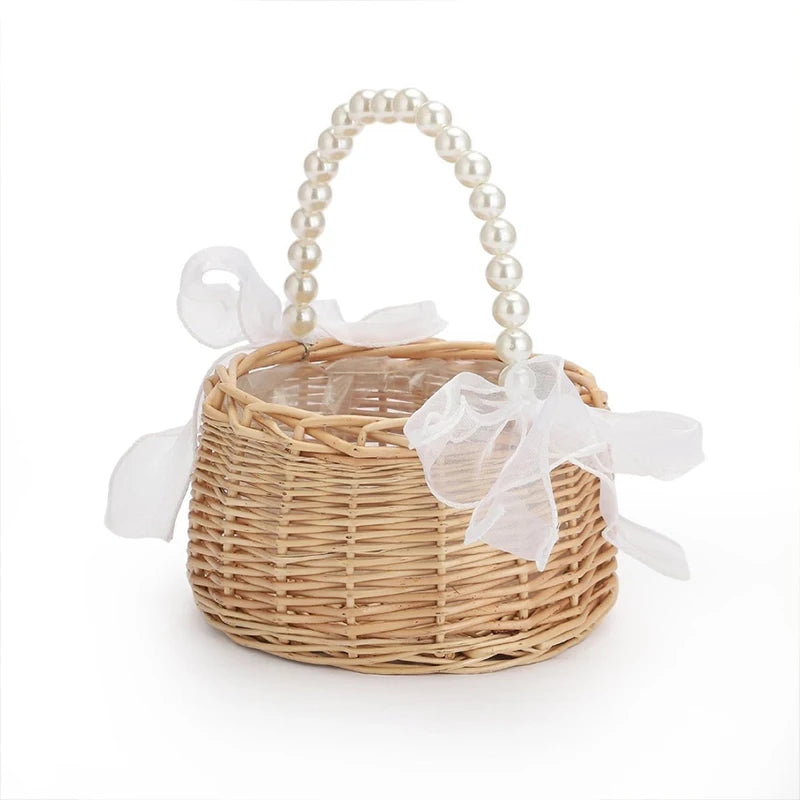 One wicker rattan flower child Basket with Pearl handle and bow Hand woven Easter basket Wicker basket for Weddings (brown)