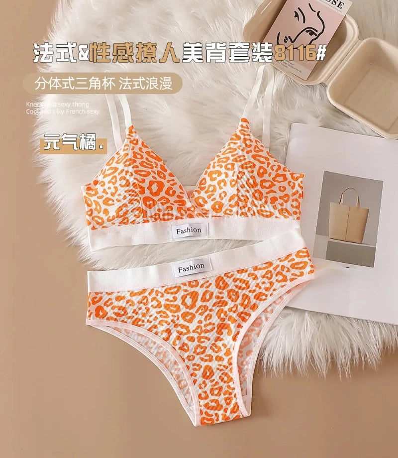Women Seamless Bra Set Low Waist Panties Leopard Bralette Sexy Lingerie Set Vneck Sport Brassiere Female Cotton Underwear Set