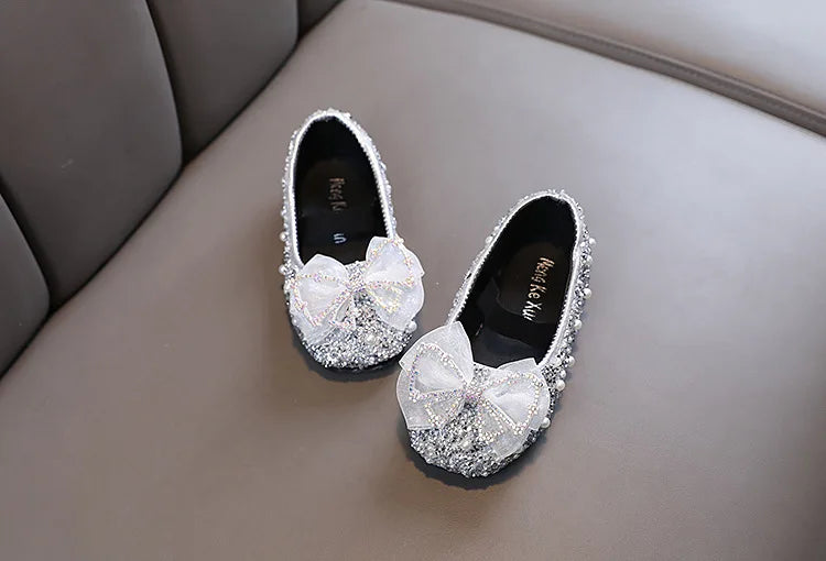 Girls Princess Shoes Glitter Luxury Party Shallow Children Ballet Flats 21-36 Elastic Band Fashion Lace Bowknot Kids Dance Shoes