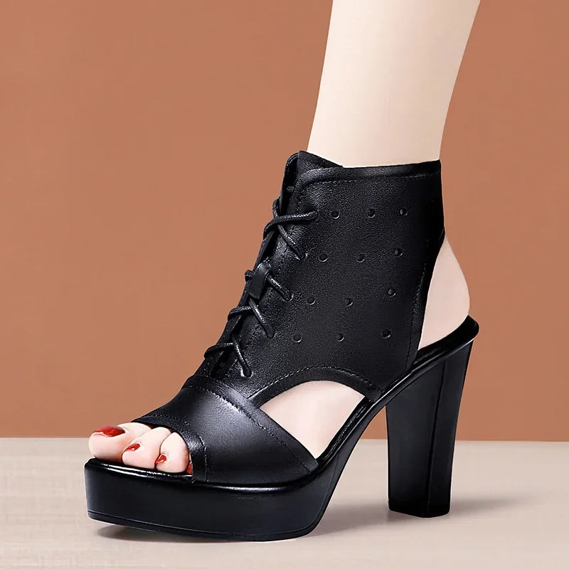 8cm 10cm Small Size 32-43 Fashion Black Block High Heels Gladiator Sandals 2024 Women's Platform Shoes for Office Model Mom