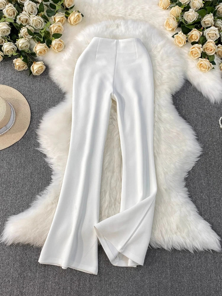 White Micro Flared Pants Spring Summer High Waist Metal Button Slim Fit Floor Length Trousers Elegant Commuting Suit Pants Women