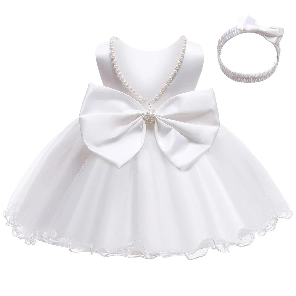 Infant Baby Tulle Backless Pageant Wedding Party Flower Girls Big Bow Dress With Headwear For Toddler Baptism Birthday Prom Gown