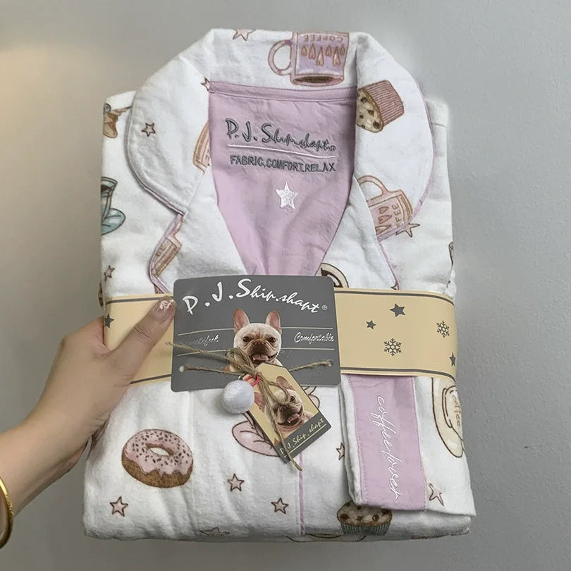 Autumn Winter Women PJS Cotton Ground Wool Sleepwear Warm Thick Cartoon Long Sleeve Pants Pajamas Ladies Homewear Month Clothes