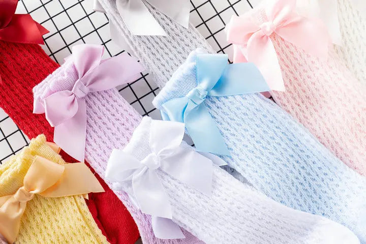 Simmer Spring Mesh Thin Cotton Korean Bow White Stockings Baby Princess Knee High Long Socks with Lace Ruffles for Newborn Girls