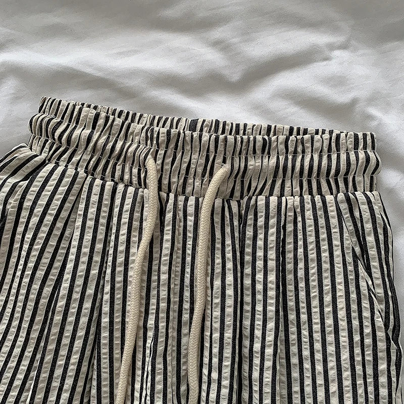 Korean Laid-ba Striped Drapey Casual Pants Women's High-waist Elastic Thin Straight Long Trousers Summer Faion Commute