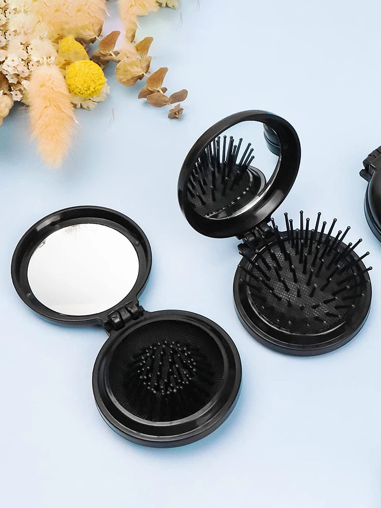 Portable Circular Pocket Comb with Mirror, Hair Styling, Folding Mirror Comb, Plastic Air Cushion Massage Comb, Flip Type Foldin