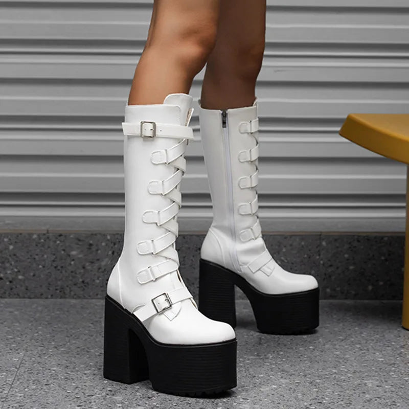 Platform Knee High Boots Women Autumn Winter Punk High Heels Zipper Black White Boot Sexy Buckle Party Goth Shoes Large Size