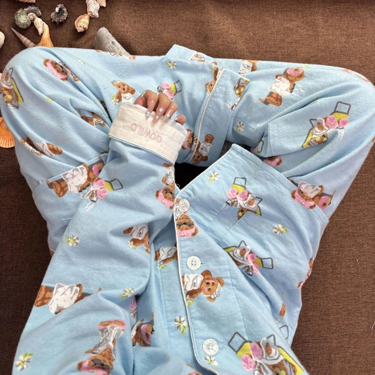 Autumn Winter Women PJS Cotton Ground Wool Sleepwear Warm Thick Cartoon Long Sleeve Pants Pajamas Ladies Homewear Month Clothes