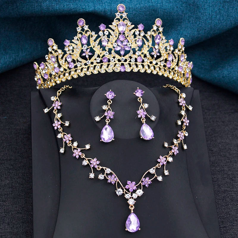 Purple Tiara Flower Bridal Jewelry Sets for Women 3Pcs Tiaras and Necklace Earrings set Wedding Crown Brides Costume Accessories