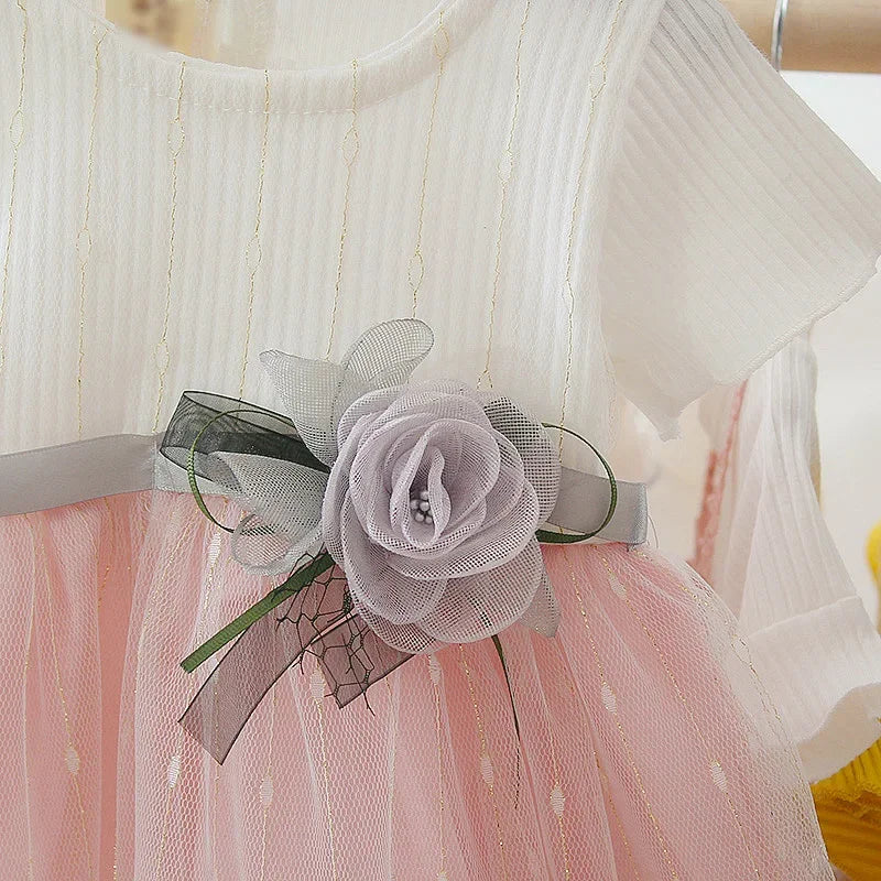 Summer New Baby Girls Dress Sweet Princess Dress Flower Ribbon Mesh Shaggy Gauze Dress Birthday Party Dress