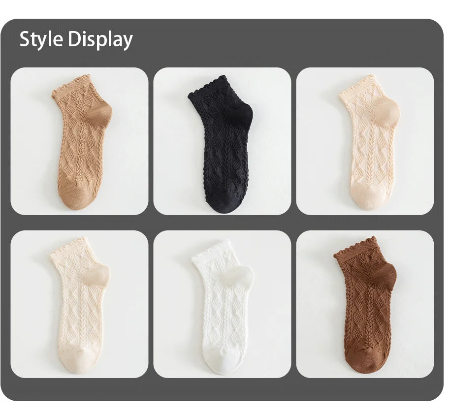 6 Pair Women Is Summer Thin Gradient Solid Cotton Simple Sweet Cute Socks Comfortable Wood Ear Edge Lolita Fashion Wear