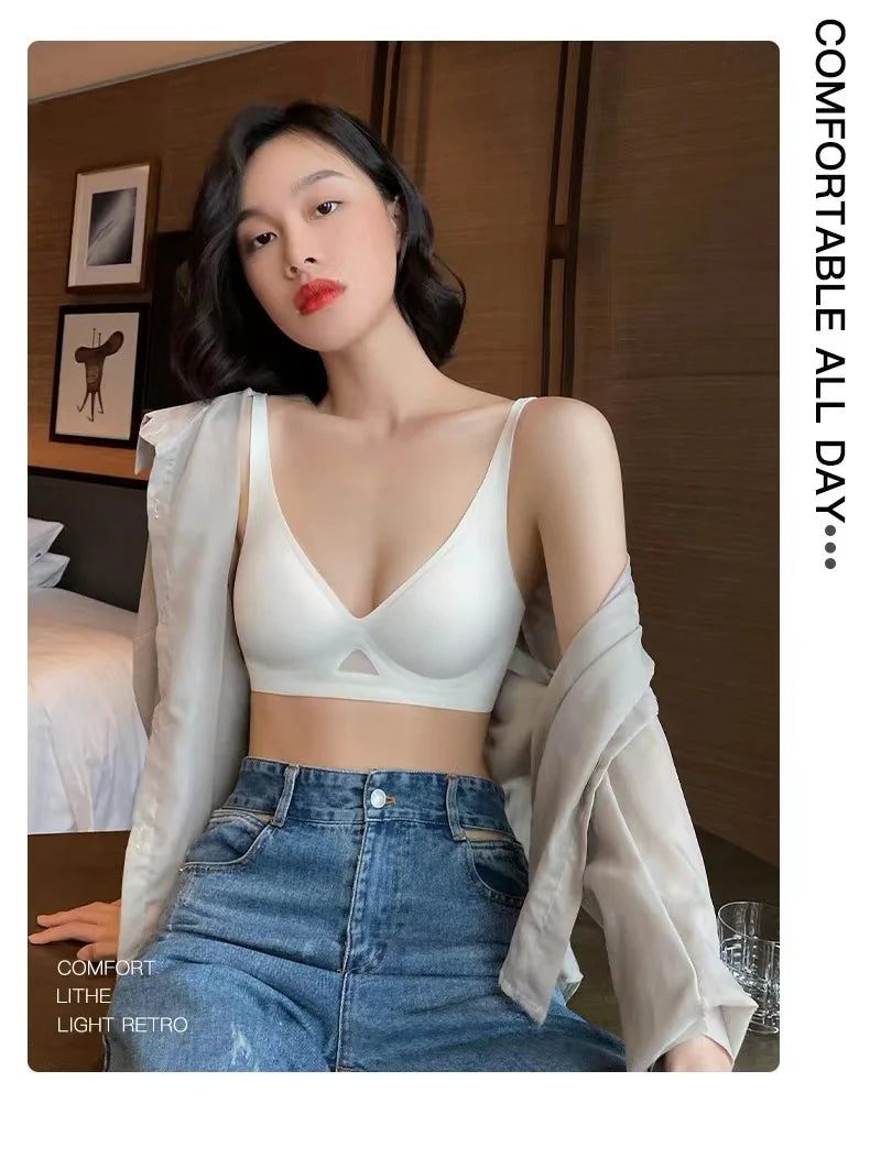 Push Up Bras For Women Non-wire Bra V-neck Glossy Underwear Female Breathable Bralette Invisible Padded Brasiere Sexy Lingerie