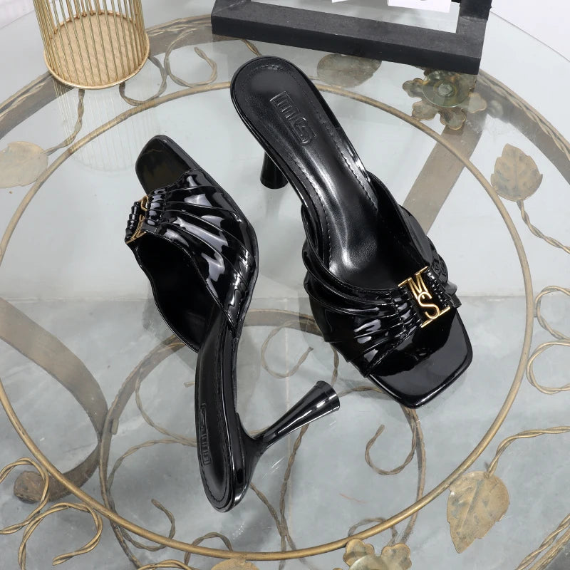 High heels 2025 summer new pleated slippers square toes metal fashion open toe sexy luxurious banquet sandals Heel height 9CM