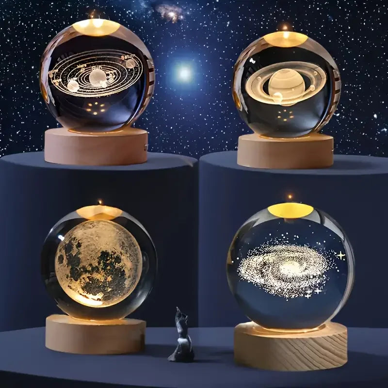 6/8cm 3D Crystal Ball Planet Night Light Laser Engraved Solar System Globe Astronomy Festival Gifts Home Desktop Decoration