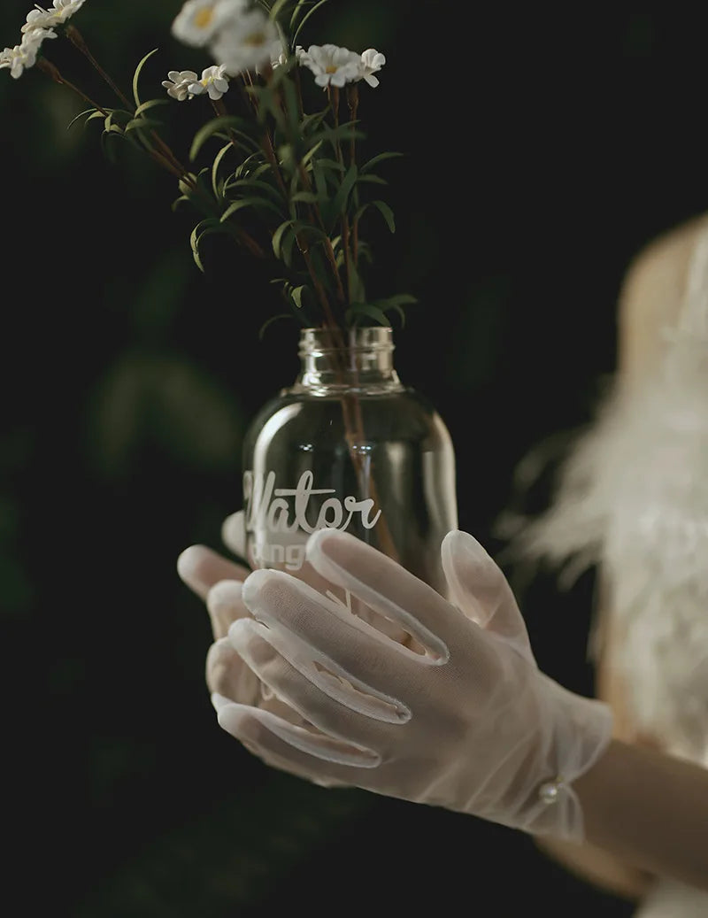 White satin wedding dress gloves Short elegant petal pearl bow mesh bridal gloves versatile photo accessories pearl retro