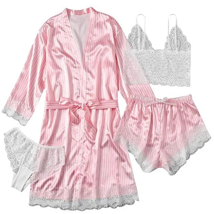 new Women's Sleep Lounge New Pajama Sets European American 4-piece set with lace satin suspender summer set for sleeping pajamas