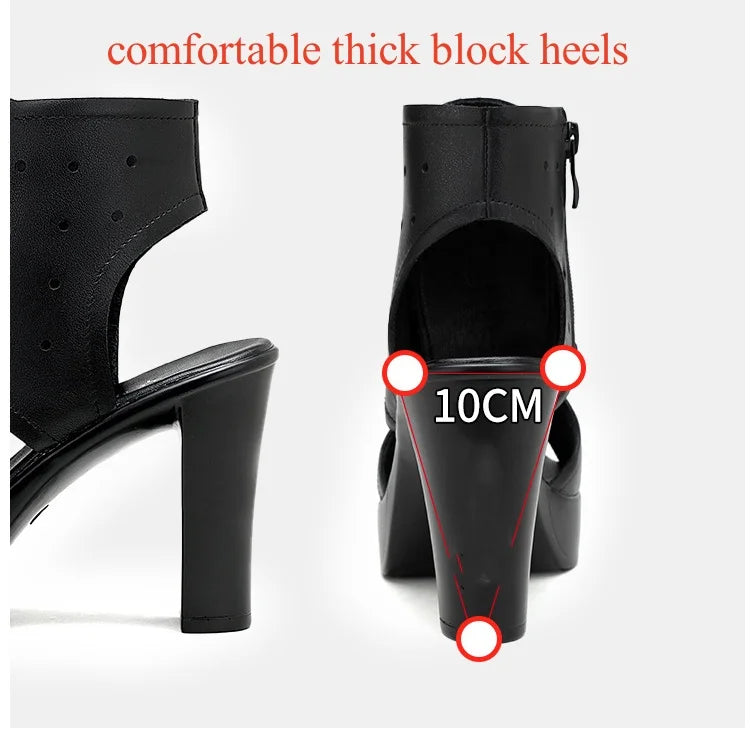 8cm 10cm Small Size 32-43 Fashion Black Block High Heels Gladiator Sandals 2024 Women's Platform Shoes for Office Model Mom