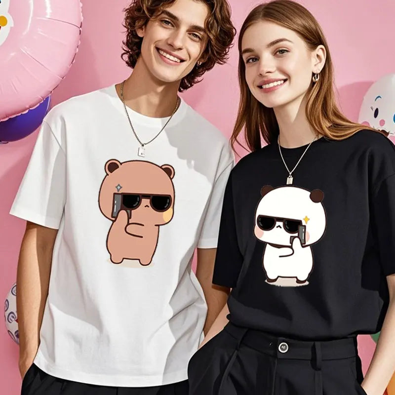 Kawaii Bubu Dudu Couple Shirt Bear Panda Are Spy Love Things Couple Do Tshirt Cute Matching Cotton T-shirt Man Woman Casual Tees