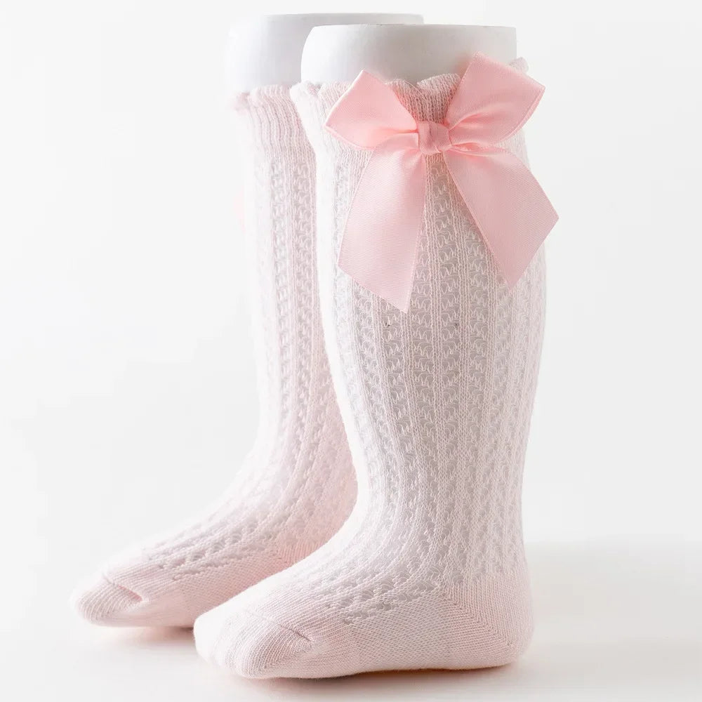 Simmer Spring Mesh Thin Cotton Korean Bow White Stockings Baby Princess Knee High Long Socks with Lace Ruffles for Newborn Girls
