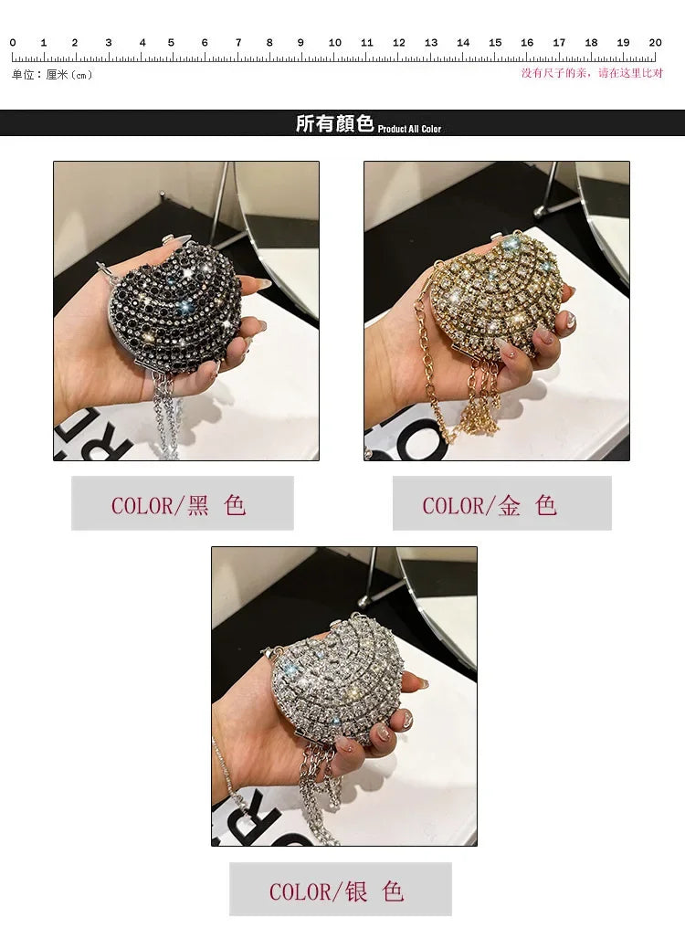Luxury Mini Diamond Inlay Heart Shape Crystal Clutch Purse Stones Evening Wedding Party Shoulder Bag Handle Rhinestone Handbags