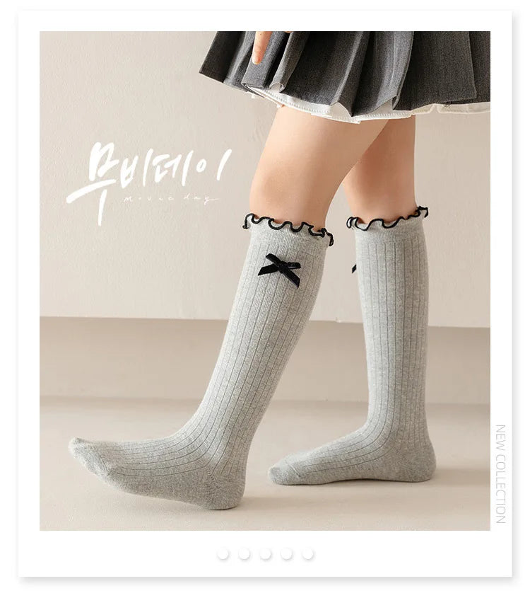 1 Pair Chic Simplicity Kids Girl Sock Sweet Fashion Bow Ruffle Bow Children Girl Calf Sock Spring Autumn Cotton School Sock