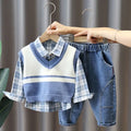 Boys' Baby Autumn Suit 2024 New Children's Fashionable Clothes Spring and Autumn Vest Shirt Jeans 3 Piece Set