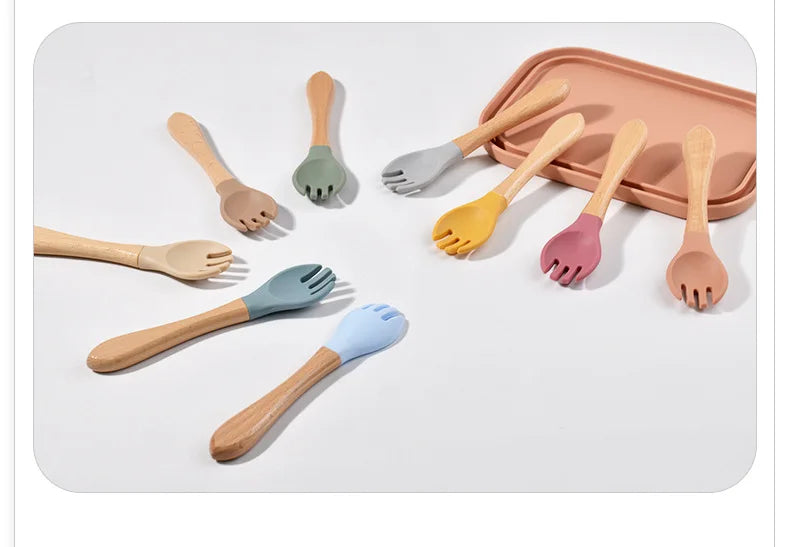 Spoons Baby Feeding Spoon Fork Wooden Handle Spoon Fork Set Soft Silicone Tip Spoon Fork BPA Free Food Grade Infant Toddlers