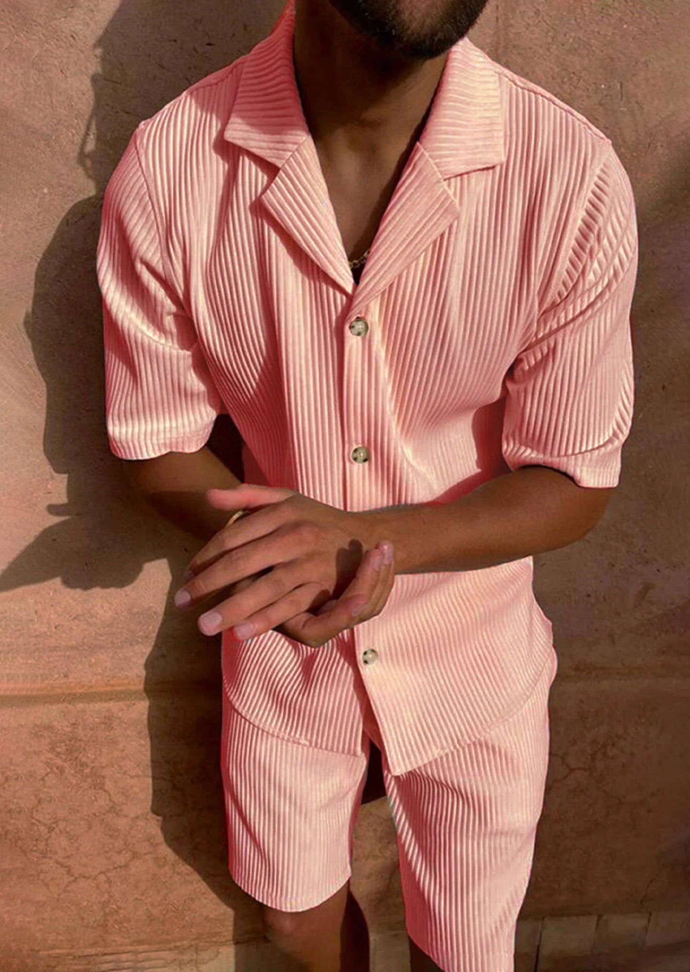 Spring/Summer suit Solid color corduroy shorts sleeve shirt and shorts stretch beach casual suit