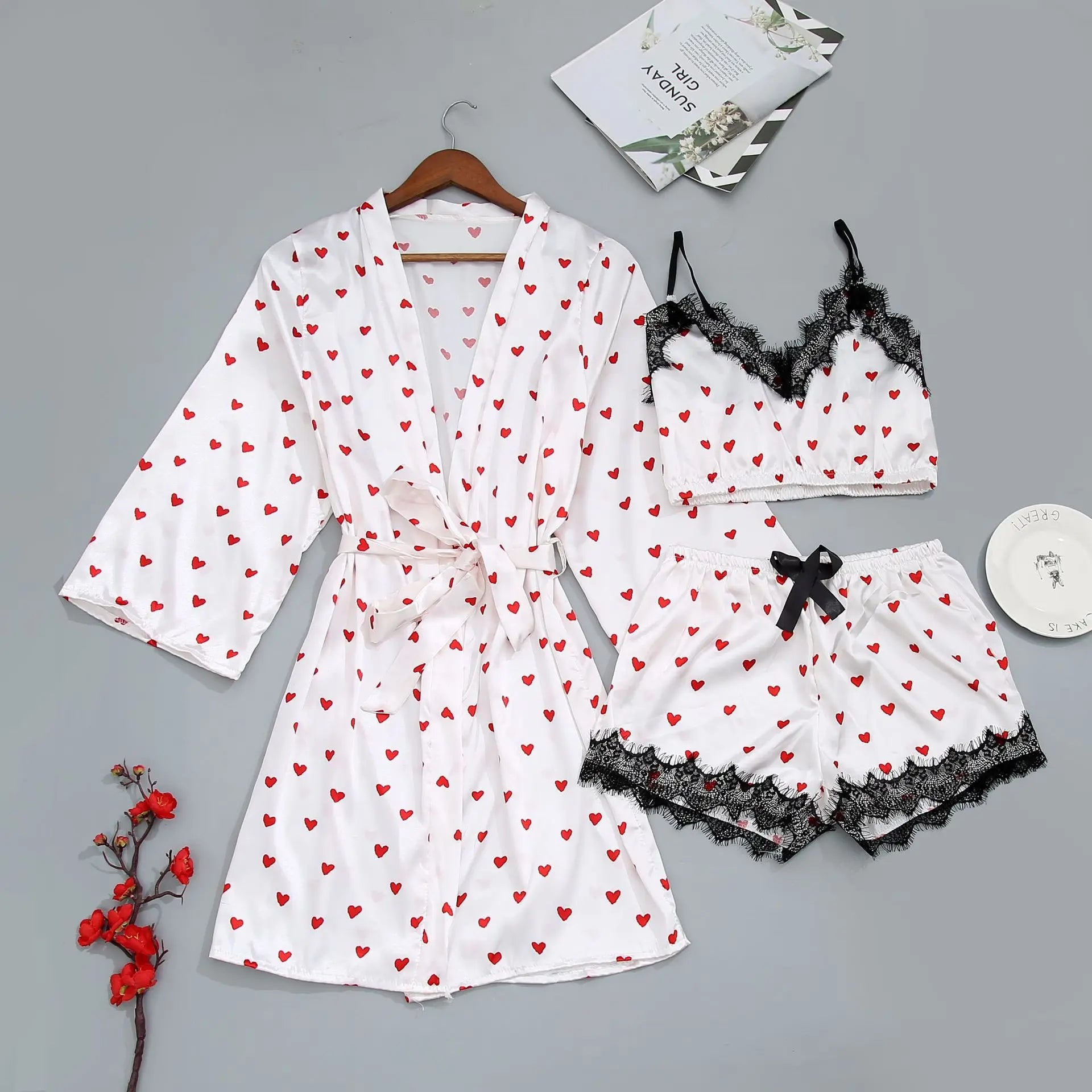 new Women's Sleep Lounge New Pajama Sets European American 4-piece set with lace satin suspender summer set for sleeping pajamas