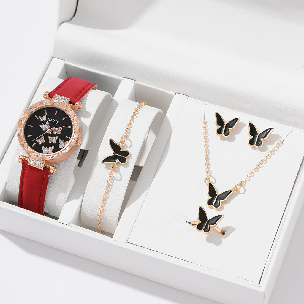 6/1pcs Set Watch for Women Cute Butterfly Crystal Rhinestone Women Watches Ring Necklace Earrings Bracelet Set (No Box) 시계