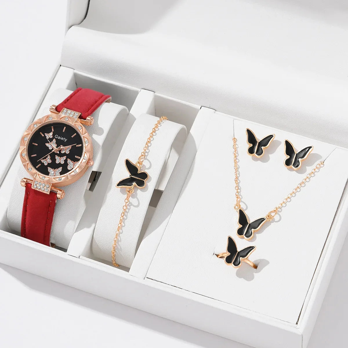 6/1pcs Set Watch for Women Cute Butterfly Crystal Rhinestone Women Watches Ring Necklace Earrings Bracelet Set (No Box) 시계