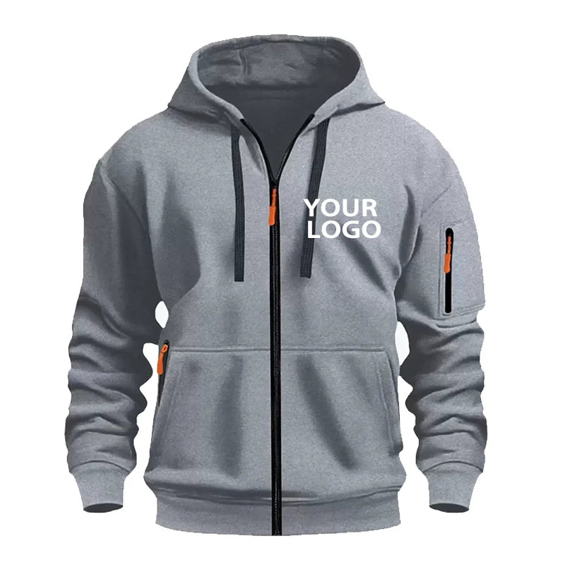 DIY Custom Logo Men's Casual Sports Hoodie Full-Zip Pocket Sweatshirt Fashion Arm Pocket Outdoor Long-Sleeve Pullover Hoodie