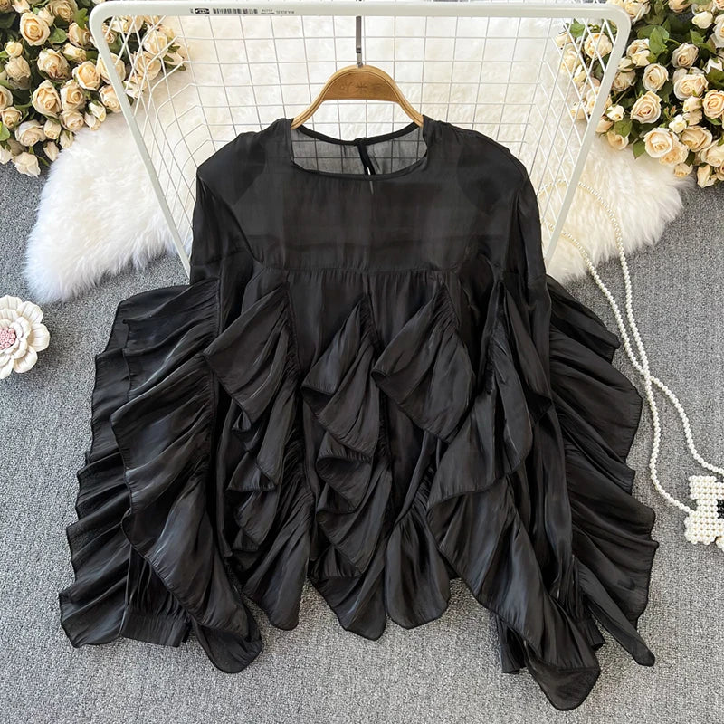 Women Spring Autumn Blouse New European American Vintage Round Neck Ruffle Loose Long Sleeved Foreign Style Irregular Top D2338