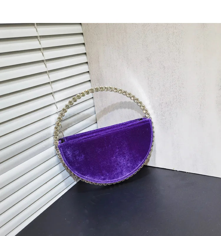 Lady Blue/Pink Diamond Circular Evening Bag Women Fushia Round Handle Rhinestone Dinner Clutch Purse Ladies Half Moon Handbags