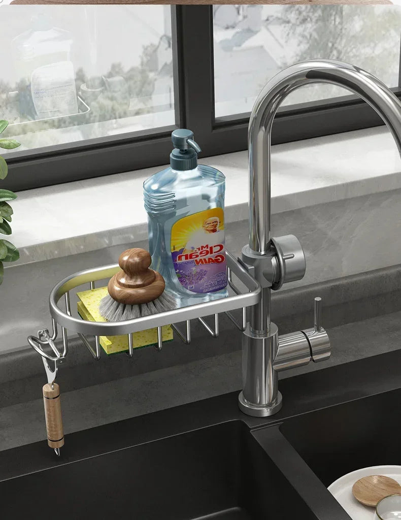 Kitchen Space Aluminum Sink Drain Rack Sponge Storage Faucet Holder Soap Drainer Shelf Basket Organizer Bathroom Accessories